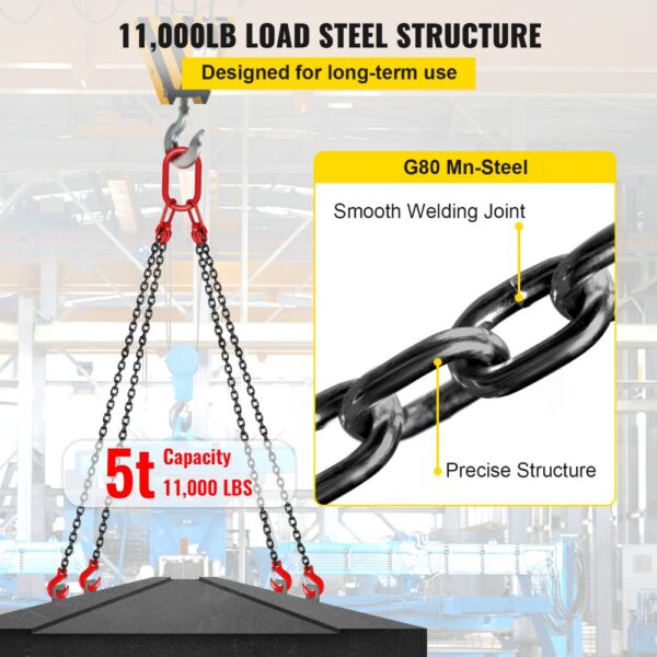 VEVOR engine lift chain, 11000 lbs capacity, g80 mn-steel, smooth welding joint.