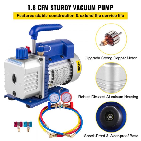 VEVOR 1.8CFM 1/4HP Refrigerant Vacuum Pump Kit HVAC Single Stage Vacuum Pump with Manifold Gauges Air Conditioning (1.8CFM 1/4HP)