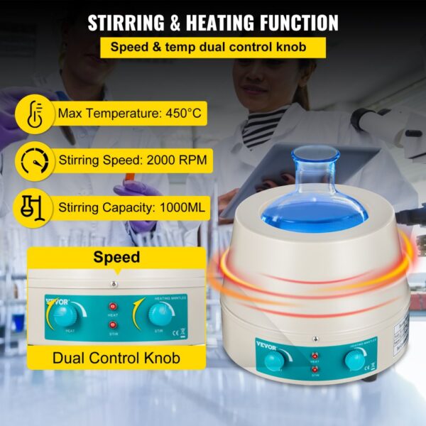 VEVOR 1000ml Magnetic Stirrer Heating Mantle 350W Heating Mantle Stirrer Digital Display for Round Bottom Flask