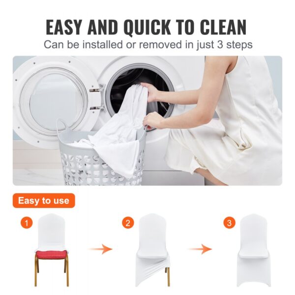 VEVOR chair covers being easily cleaned and installed in three simple steps.