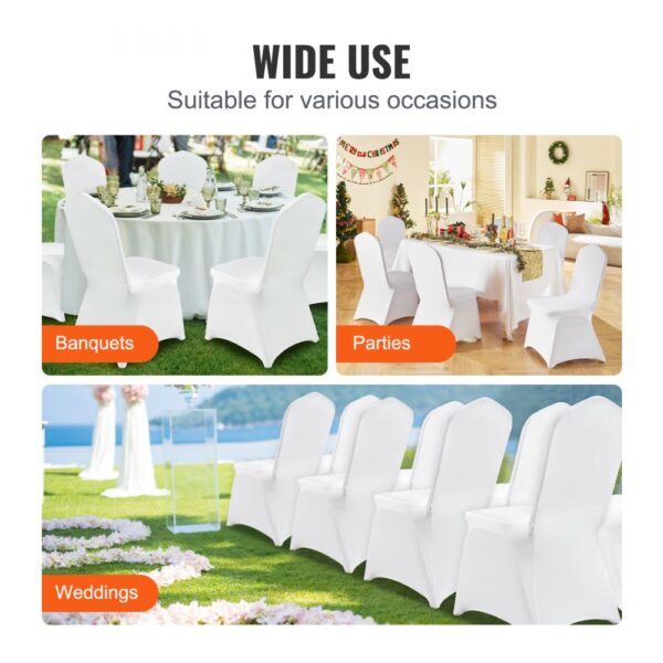 VEVOR chair covers for banquets, parties, and weddings in elegant settings.