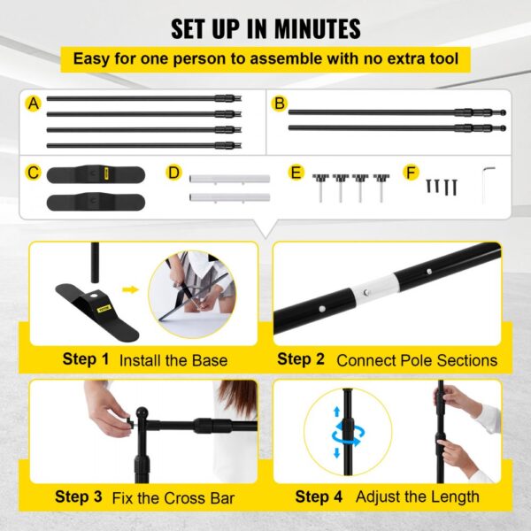 setup instructions for VEVOR backdrop banner stand with assembly steps and components.