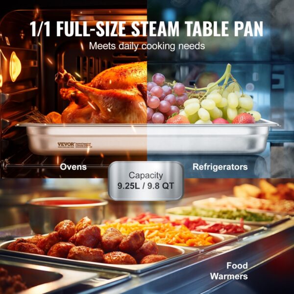 VEVOR hotel pans: versatile full-size steam table pan for ovens, refrigerators, and food warmers.