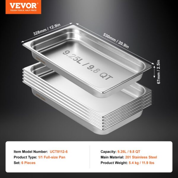 VEVOR hotel pans set of six, full-size stainless steel, 9.25l/9.8qt capacity each.