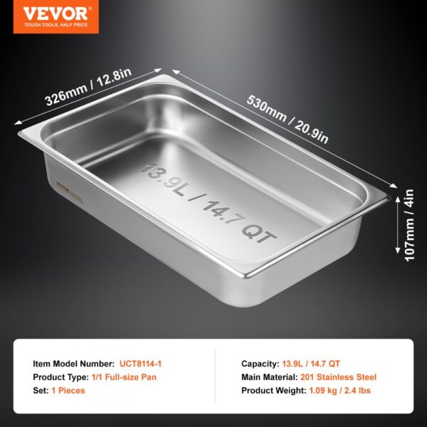 VEVOR hotel pan, 13.9l/14.7qt capacity, 201 stainless steel, dimensions: 530mm x 326mm x 107mm.