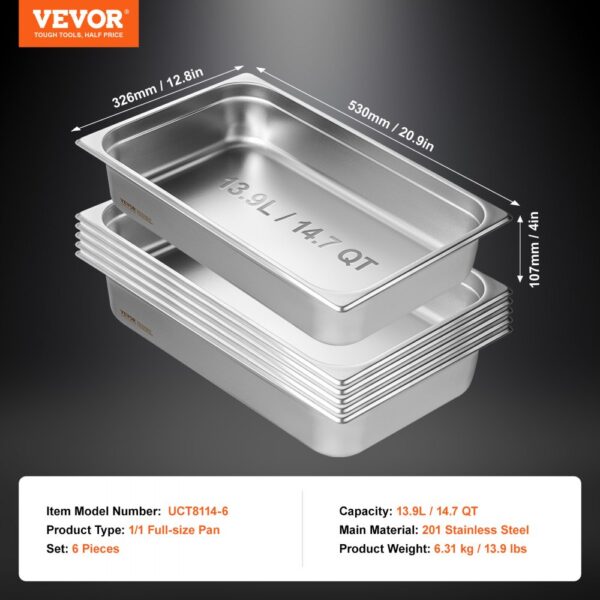 VEVOR 6 Pack Full Size Hotel Pans Steam Table Pan Stainless Steel 4" Deep