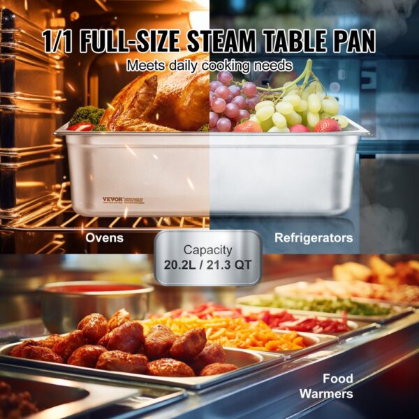 VEVOR hotel pans for ovens, refrigerators, and food warmers; full-size steam table pan, 20.2l capacity