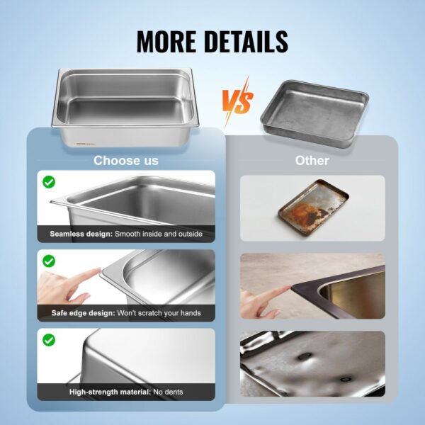 VEVOR hotel pans comparison showcasing seamless design, safe edges, and high-strength material vs others.