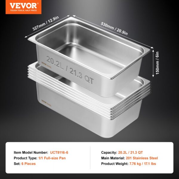 VEVOR hotel pans set of 6 with 20.2l/21.3qt capacity, 201 stainless steel, and 1/1 full-size dimensions.