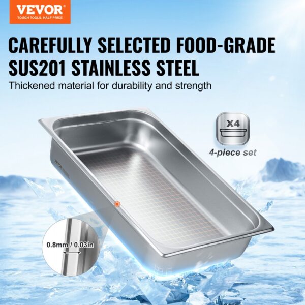 VEVOR 4 Pack Full Size Hotel Pans Steam Table Pan Stainless Steel 4" Deep Lid