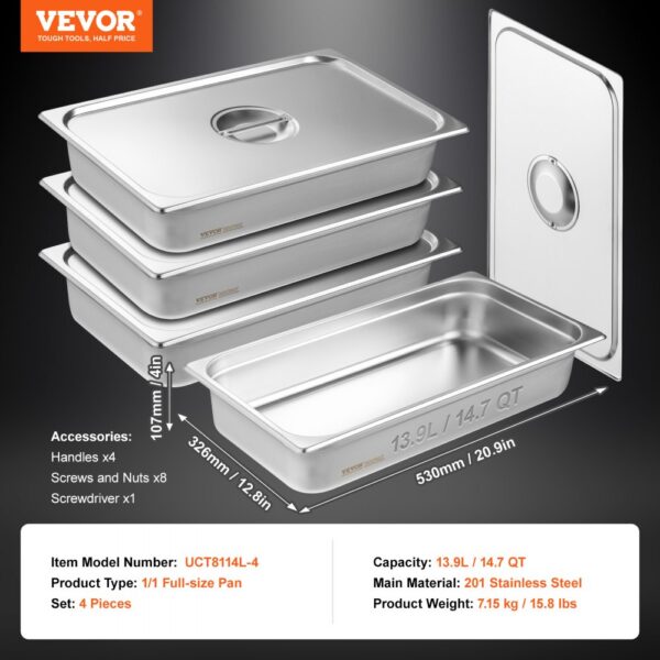 VEVOR 4 Pack Full Size Hotel Pans Steam Table Pan Stainless Steel 4" Deep Lid