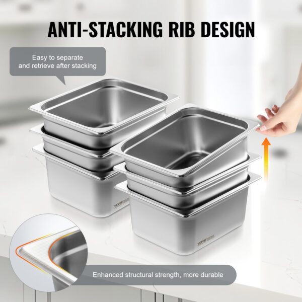 stacked stainless steel VEVOR hotel pans with anti-stacking rib design for easy separation and durability.