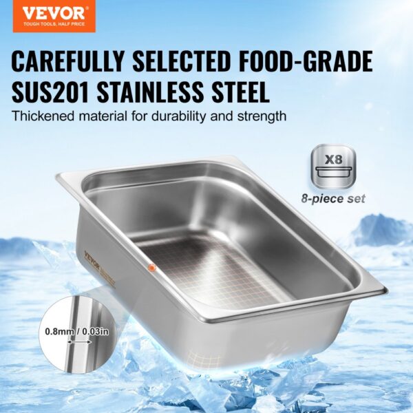 VEVOR hotel pans made of sus201 stainless steel with 0.8mm thickness for durability and strength.