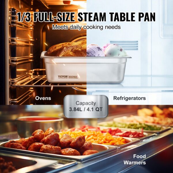 VEVOR 6 Pack 1/3 Size Hotel Pans Steam Table Pan Stainless Steel 4" Deep