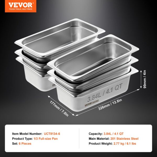 VEVOR 6 Pack 1/3 Size Hotel Pans Steam Table Pan Stainless Steel 4" Deep