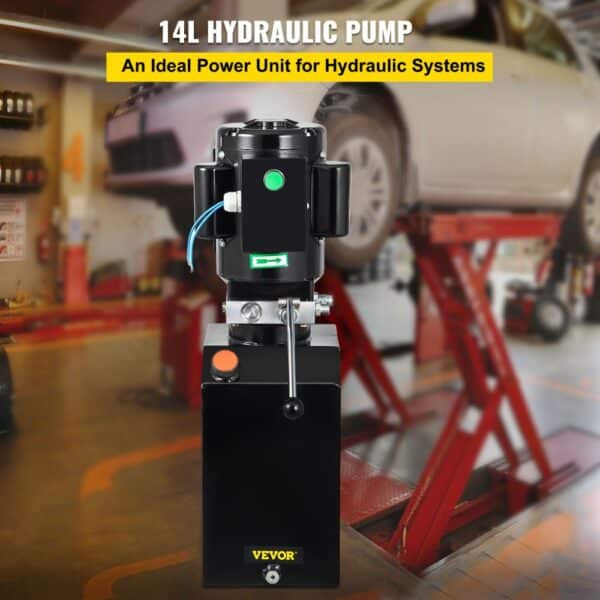 VEVOR hydraulic pump in a car repair shop with vehicles and equipment in the background.