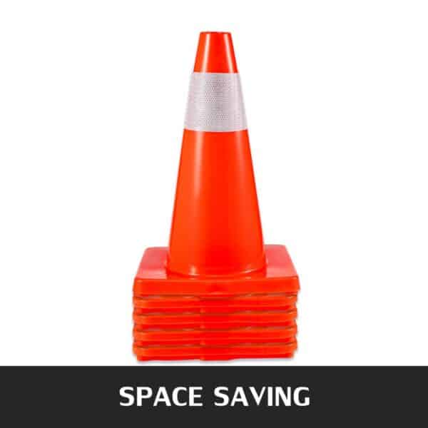 stacked VEVOR traffic cones with reflective stripes and space-saving design.
