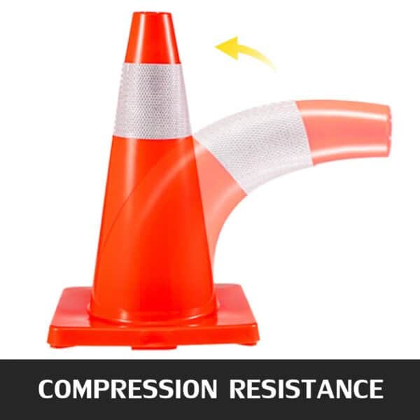 VEVOR traffic cones showcasing compression resistance with reflective stripe.