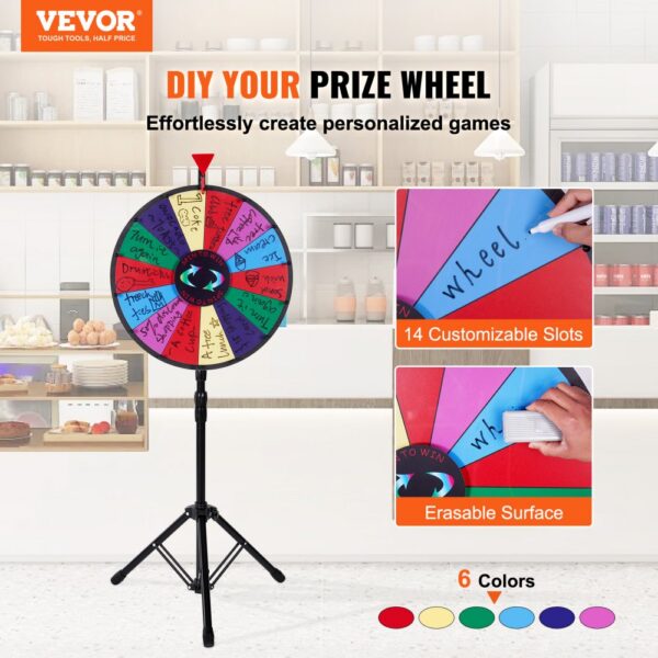 VEVOR spinning prize wheel with 14 customizable slots, erasable surface, and 6 vibrant colors.