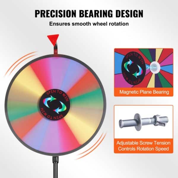 VEVOR spinning prize wheel with precision bearing design, ensuring smooth rotation and adjustable screw tension.