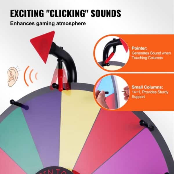 VEVOR spinning prize wheel with red pointer, colorful sections, "clicking" sounds for gaming atmosphere.