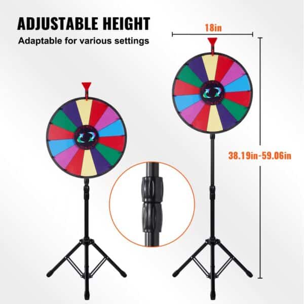 adjustable-height VEVOR spinning prize wheel with colorful segments and tripod base, 18in diameter.