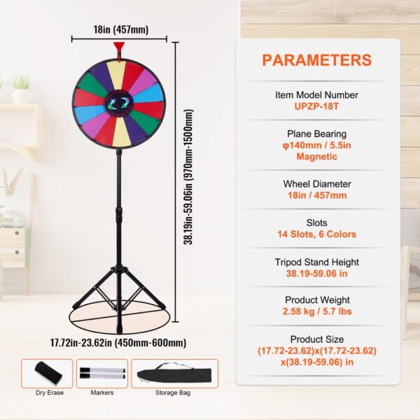 VEVOR spinning prize wheel with tripod stand, 18in diameter, 14 slots in 6 colors, includes markers and bag.