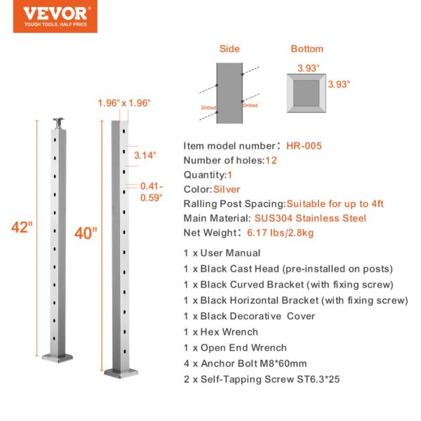 VEVOR Cable Railing Post 42x2x2in 30° Angled Hole Stair Railing Post Silver 1Pc