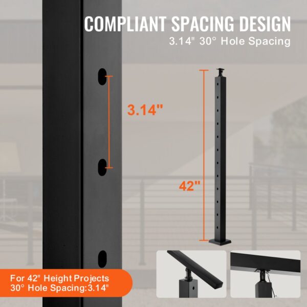 VEVOR cable railing post, 42" height, 3.14" 30° hole spacing, compliant spacing design.