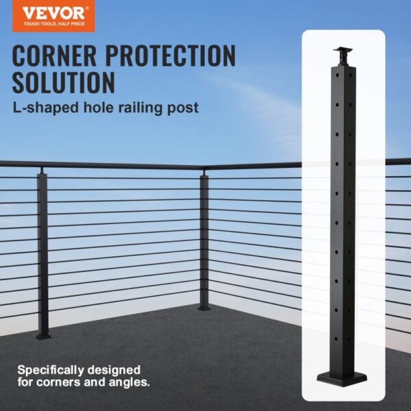 VEVOR cable railing post for corner protection, black l-shaped hole post on balcony railing.