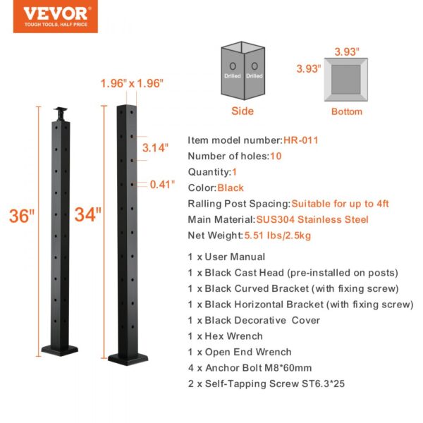 VEVOR cable railing post, black, sus304 stainless steel, 36" and 34" heights, 10 holes, hr-011.