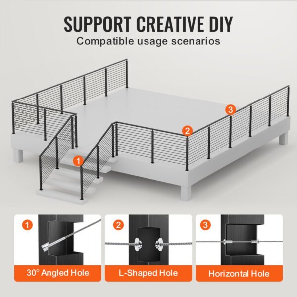 VEVOR cable railing post for elevated deck with 30° angled, l-shaped, and horizontal hole options.