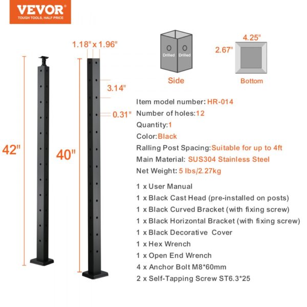 VEVOR cable railing post, hr-014, black stainless steel, 40" and 42" posts, 12 holes, hardware included.