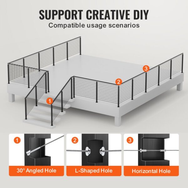 deck with VEVOR cable railing post, showcasing 30° angled, l-shaped, and horizontal holes for cables.