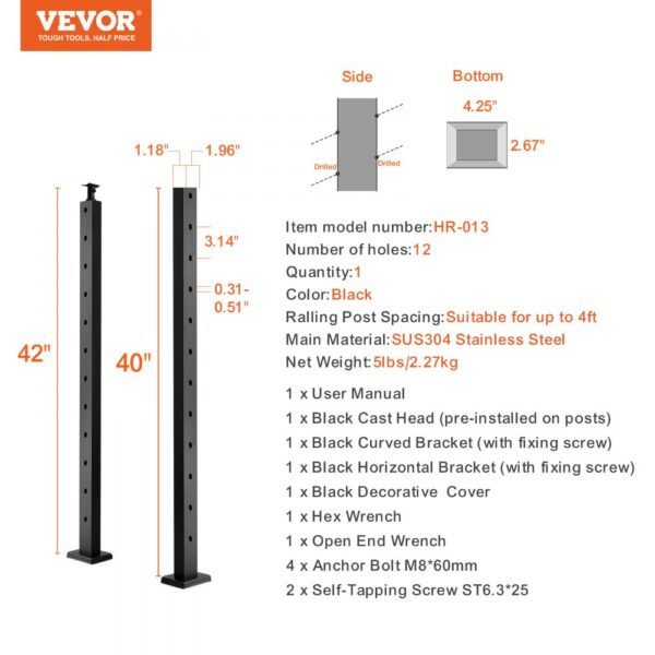 VEVOR cable railing post, black sus304 stainless steel, 42" height, 12 holes, includes hardware, hr-013.