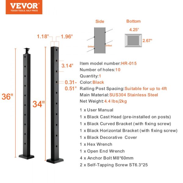 VEVOR Cable Railing Post 36x1x2in 30° Angled Hole Stair Railing Post Black 1Pc