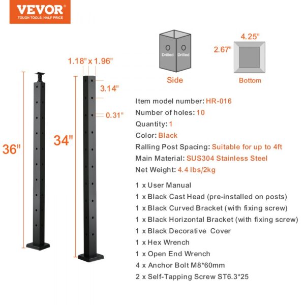 VEVOR cable railing post, 34-inch black sus304 stainless steel with 10 holes and mounting hardware.