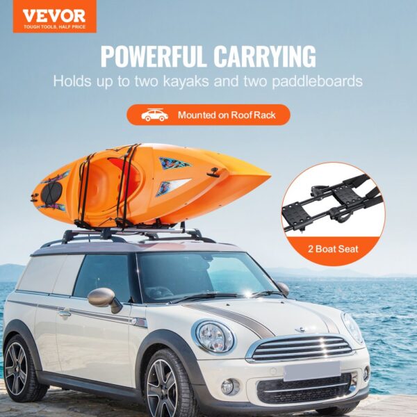 VEVOR kayak roof rack mounted on a mini cooper, holding two orange kayaks by the seaside.