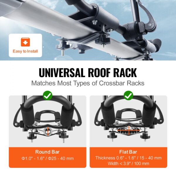 universal roof rack with visual guidelines for fitting round and flat bars, labeled "easy to install".