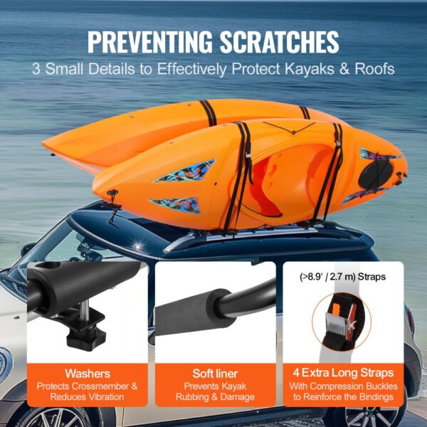 VEVOR kayak roof rack with orange kayaks secured on a car using washers, soft liner, and long straps.