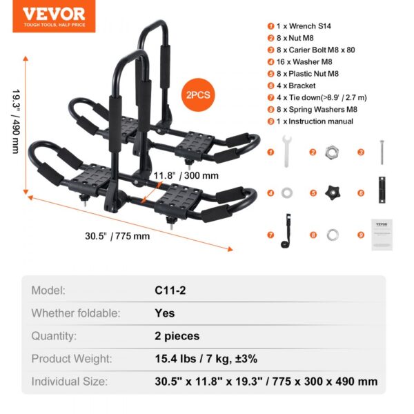 VEVOR kayak roof rack, 2 pieces, foldable, dimensions and included parts with assembly instructions.