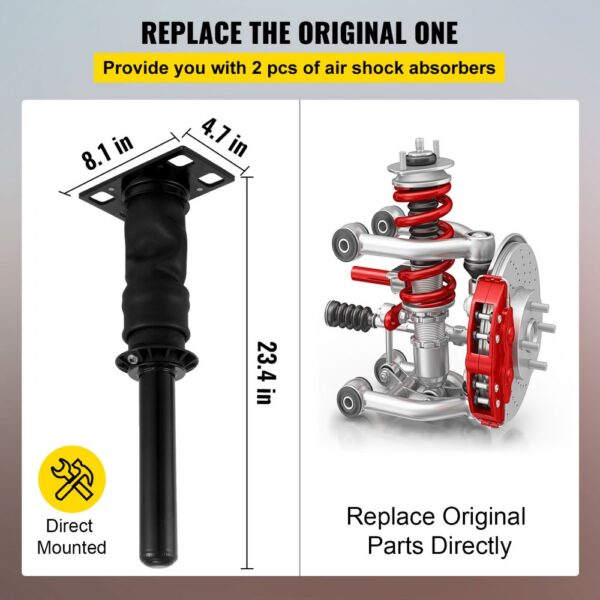 VEVOR cab shock absorber dimensions and direct mounting instructions. replace original parts.