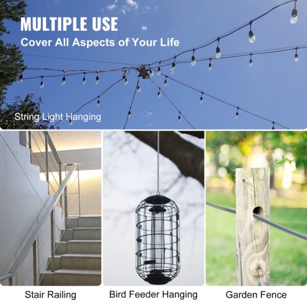 VEVOR stainless steel cable railing for stair, bird feeder, garden fence, and lights.