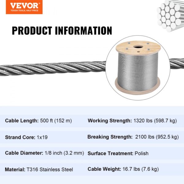 VEVOR stainless steel cable railing, 500 ft, 1/8 inch, working strength 1320 lbs.