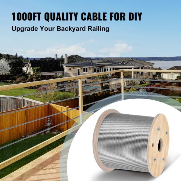 1000ft VEVOR stainless steel cable for diy backyard railing upgrade.