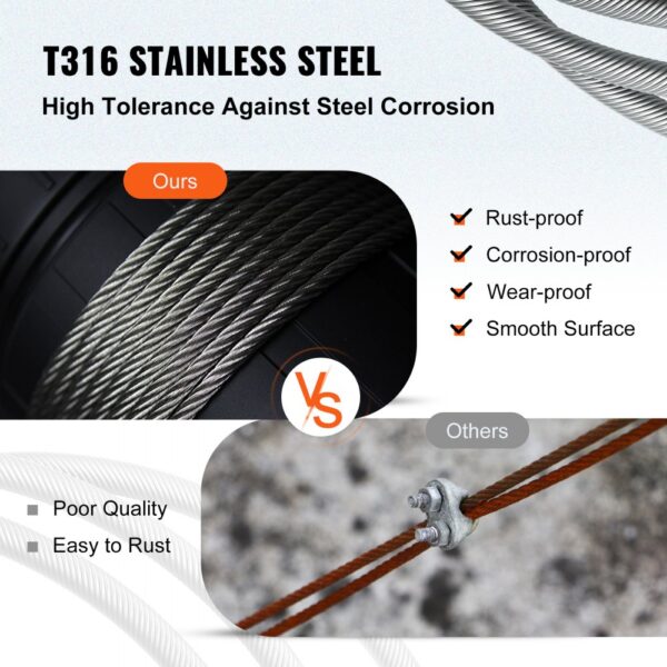 VEVOR stainless steel cable comparison showing rust-proof and smooth cable vs. rusted wire.