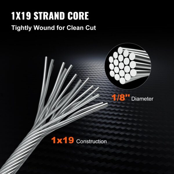 VEVOR stainless steel cable 1x19 construction, 1/8" diameter, tightly wound for clean cut.