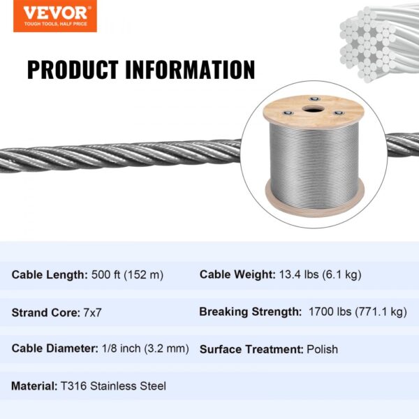 VEVOR stainless steel cable railing, 500ft, 7x7, 1/8", 1700lbs, polished t316 steel.