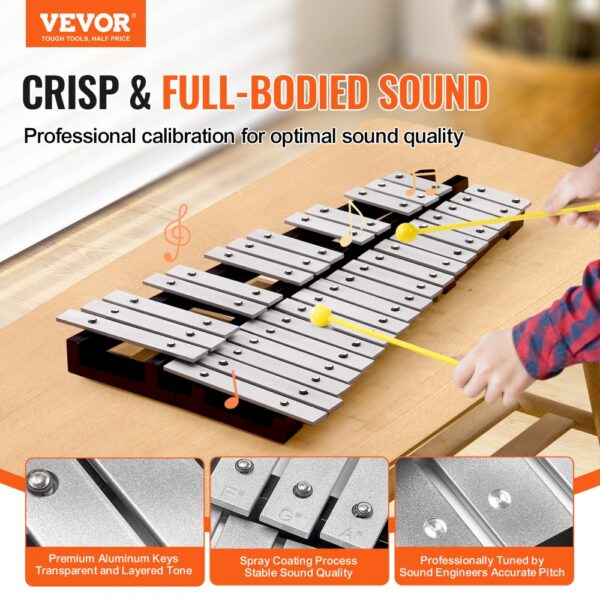 VEVOR glockenspiel xylophone on wooden table, with hands playing yellow mallets, showcasing aluminum keys.