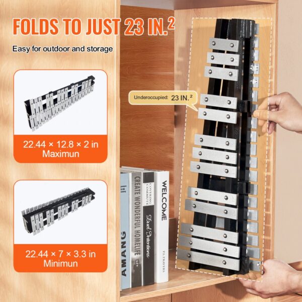 VEVOR glockenspiel xylophone folded to 23 inches, easy for outdoor and storage, fits on a bookshelf.